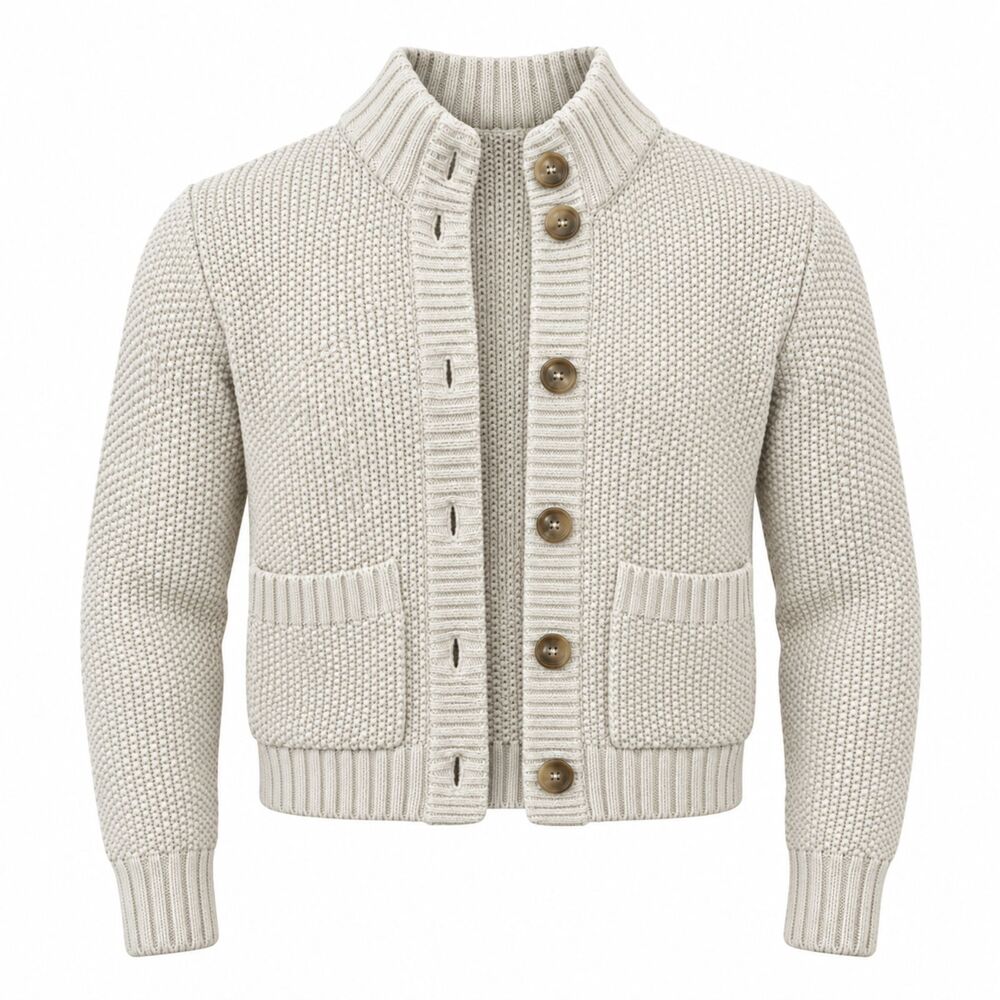 Magaschoni Cotton Chunky Knit Cardigan Sweater Ivory Button Front Pockets NWT